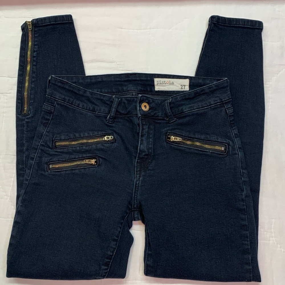 Pistola Jeans Womens 27 Moto Skinny Dark‎ Blue Wash Gold Zipper Ankle P6290